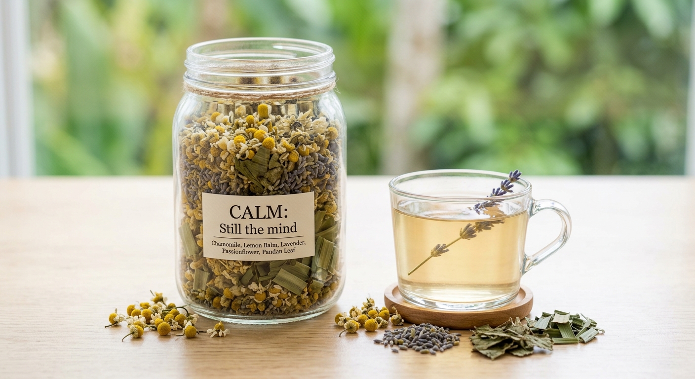 Kanala CALM herbal tea blend in a glass jar beside a freshly brewed cup