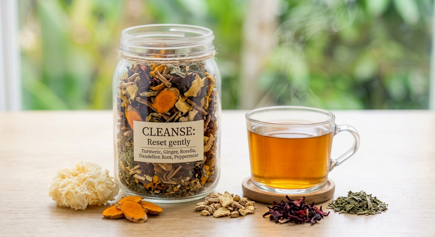 Kanala CLEANSE herbal tea blend in a glass jar beside a golden brewed cup